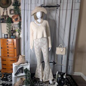 JOYFOLIE Abril Lace Wide Flare Pants in Cream MEDIUM NWOT